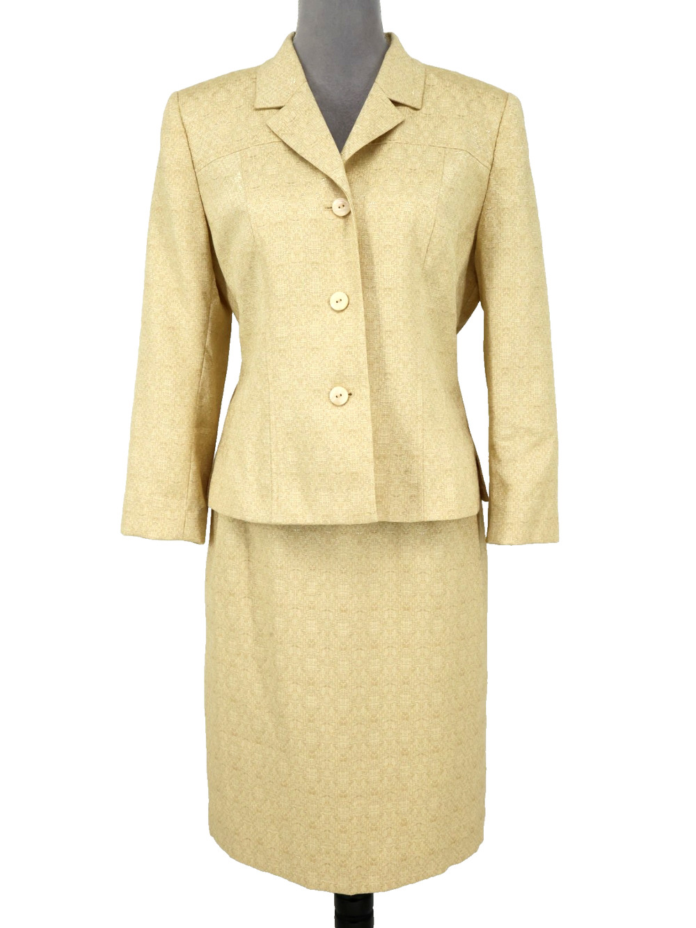 Le Suit Skirt Suit Petites 10P Beige Gold Metallic Lined Fitted Textured Career